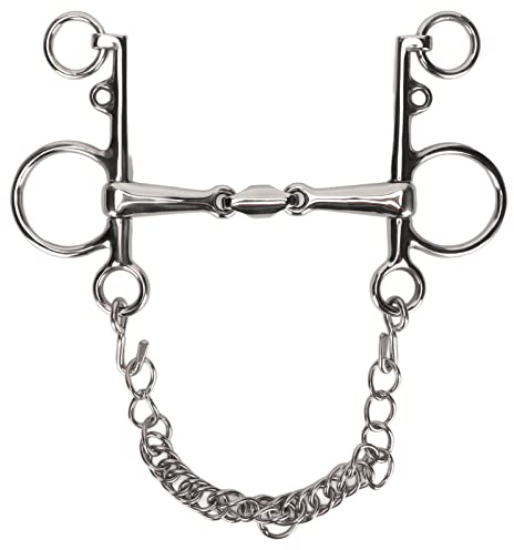Pyltha Gebiss aus Edelstahl, doppelt gebrochen, 17 mm Stange, 127 mm Länge - robuster REIT Dummy mit Kinnkette, gummiummantelt, ideal für Springkandare und kandarengebiss