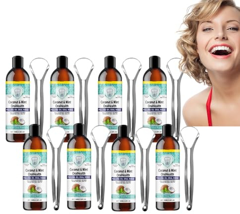 Collutorio Coconut Oil Pulling - Collutorio Coconut Oil Pulling per l'igiene orale - Risciacquo naturale per combattere la placca e l'alito cattivo - con raschietto per la lingua, 100ml (8 bottiglie)