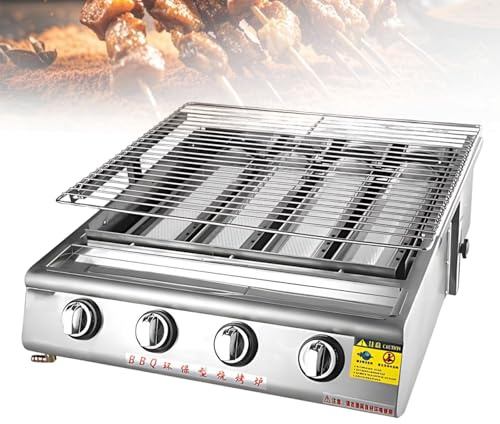 Parrilla Plancha de Gas Profesional 304 Acero Inoxidable, 4/8/10 Quemadores Infrarrojos, Barbacoa de Mesa de Bajo Consumo con Altura Regulable, Hostelería(4 Burner)