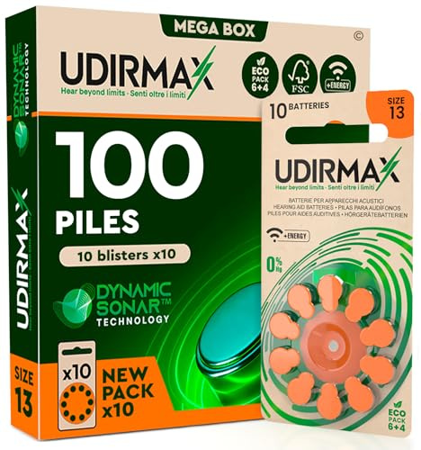 100 Batterie PR48 per Apparecchi Acustici (Misura 13 Arancione) Udirmax Pile Zinco Aria 1,45V Senza Mercurio con Tecnologia Dynamic Sonar - Confezione Eco 10 Blister da 10