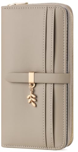RRANCharltu Portefeuille Femme Grand Porte Monnaie Femme Cuir Gris | Portefeuilles et Porte-Cartes RFID, Compartiment à Pièces Zippé, 18 Emplacements pour Cartes, Double Bouton, Boîte Cadeau