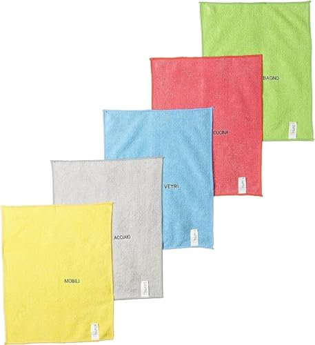 Apex Set 5 Panni 100% Microfibra Colorati con Rispettiva Destinazione d'Uso