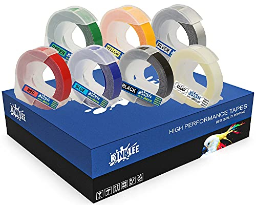 RINKLEE Weiß auf Schwarz/Rot/Blau/Grün/Gelb/Transparent/Silber 3D Prägeband Etiketten Schriftband Kompatibel mit Omega & Junior Prägegeräte | 9mm x 3m | 7 Kassetten