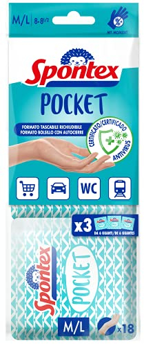 Spontex Pocket 18 - Guanti Monouso in vinile, senza Polvere e Senza Lattice, Multiuso, in 3 confezioni tascabili richiudibili da 6 guanti, Taglia M/L