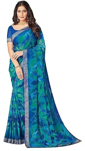 SIRIL Women's Lace & Printed Chiffon Saree with Blouse(2206S934_Blue & Multi)