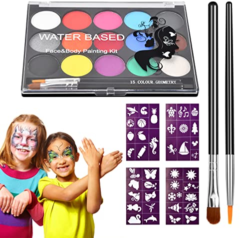 Vesaneae Truccabimbi Kit, Pittura Corpo Viso per Bambini, Pittura Corpo 15 Colori con 40 Stampini e 2 Pennelli, Coloranti Naturale e Sicuro, Feste / Trucco Make-up / Halloween / Cosplay / Natale