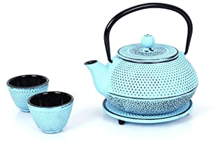 Echtwerk Juego de Té de Hierro Colado - Tetera de 0,8 L Con Filtro Extraíble, Platillo y 2 Tazas - Estilo Vintage Para Té Suelto, Azul Claro