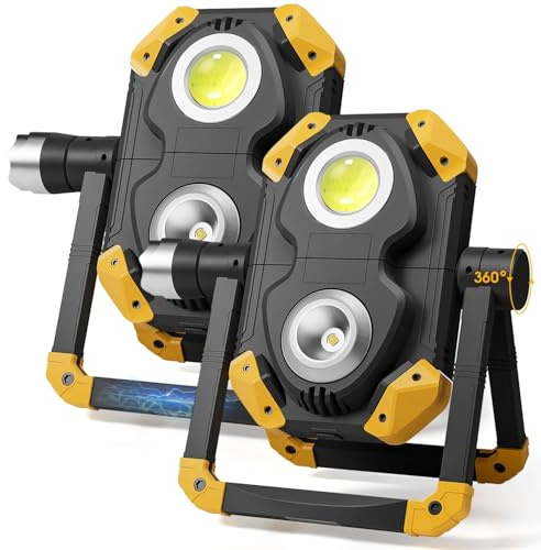 2 Pack 2500LM Magnetic Rechargeable Work Light, LED Work Light Rechargeable with 360° Rotation Stand & Foldable Design, 5 Lighting Modes Magnetic Flashlight for Car Repairing Camping Emergency