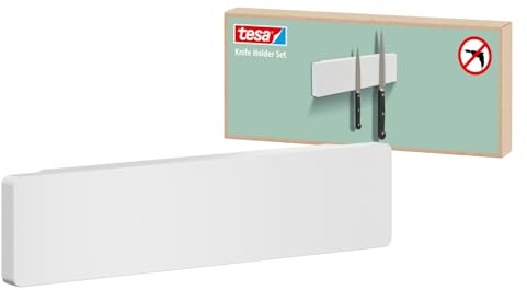 tesa Kitchen Organization Barra Magnetica per Coltelli - Portacoltelli Autoadesivo Salvaspazio per riporre in modo ordinato i Coltelli in Cucina - con Adattatore, Montaggio senza Foratura - Bianco