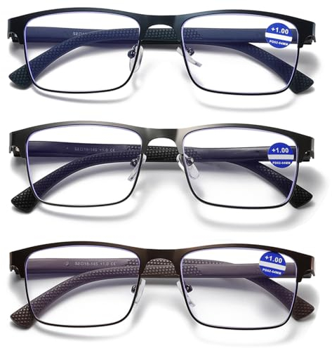 Hubeye 3 Paia Occhiali da lettura per Uomo e Donna Montatura Metallo Quadrato Stile Acciaio Inossidabile con Cerniere a Molla Occhiali Anti Luce Blu 2.50