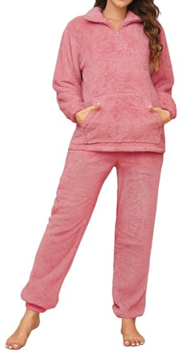 TOMEEK Pigiama da Donna Completo Invernale in Pile Polare Tuta per Il Tempo Libero con Top a Maniche Lunghe e Pantaloni Pigiami Soffici Pigiami da Notte Caldi Pjs per Donna(Rosa Scuro,S)
