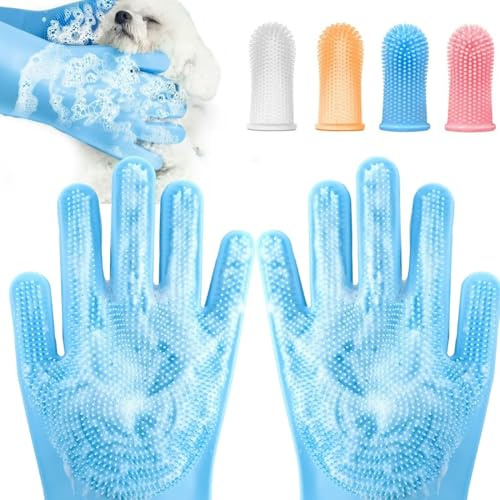 guante de aseo para mascotas，4 cepillos de dientes para perros，Guantes de Masaje de Silicona，guantes quitapelo，para Bañar Perro, Gato, Mascotas, Fácil de Hacer Espuma, Suave y no Daña la Piel (Verde)