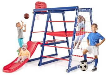 RELAX4LIFE Giocattoli da Arrampicata 7 in 1, Set di Palestra in Metallo con Scivolo/Rete/Scala/Canestro da Basket, Set da Parco Giochi per Interni ed Esterni per Bambini 3-7 Anni, 150 x 142 x 146 cm