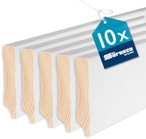 Sockelleiste Kiefer – 16x80x2400 mm, 10 Stück, weiß RAL 9016 lackiert