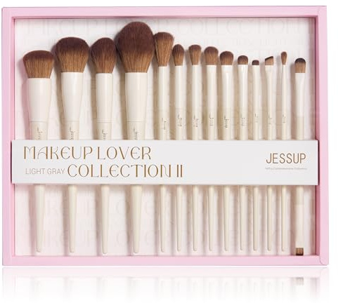 Jessup Makeup Brushes 14Pcs Makeup Brush Set Premium Synthetic Powder Foundation Contour Blush Concealer Eye Shadow Blending Liner Make Up Brush Kit Light Grey with Gift Box, T329-G