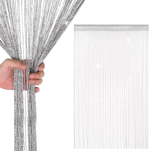 WedDecor Dark Silver String Curtains Glitter Fringe Panel Fly Screen Room Divider Tassel Curtain for Doors, Doorway, Windows, Home Décor, Event Decoration, (90cm x 200cm)