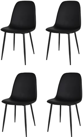 KEKOHOME Set 4 sedie sala da pranzo NUVOLA gambe in acciaio nero opaco, finta pelle nera