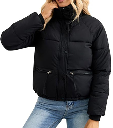 OBEEII Damen Puffer Jacke Kurz Winterjacke Winter Warm Steppjacke Gesteppte Dicke Daunenjacke Mode Cropped Zip Up Stehkragen Puffer Mantel Schwarz XL