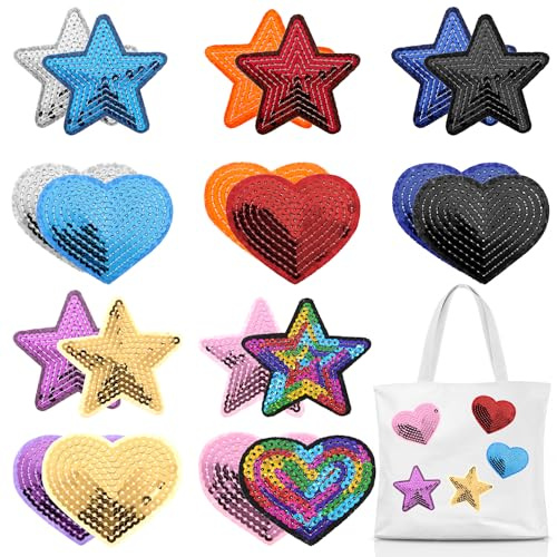 20 Parches Termoadhesivos para Planchar con Forma de Estrella, Diseño de Corazón, Parche Ropa con Purpurina, Estrellas, para Textiles, Manualidades, Pantalones, Vaqueros, Sombreros