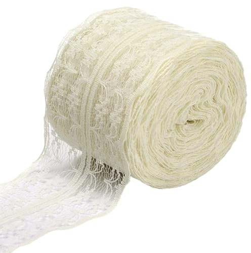 CABODYALS 5 Rollo de Cinta de Encaje Blanco de 50 m Y 45mm Color Marfil Estilo Vintage de Ganchillo de Poliéster con Borde Festoneado para Coser Hacer Manualidades Ramos de Boda Coronas Envolturas de