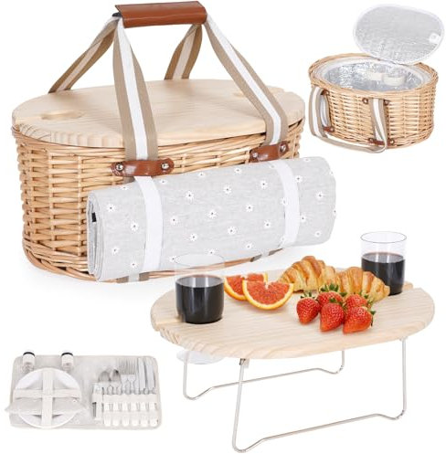 Picknickkorb-Set für 2 Personen – Isolierter Weidenkorb mit wasserdichter Decke, klappbarem Picknicktisch für Wein & Bestecksets, Picknickkörbe-Set für Camping, Outdoor, Valentinstag (Weiße Blume)