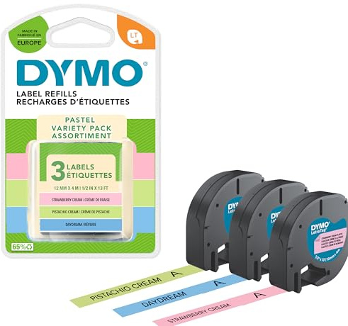 Dymo LetraTag Pastel Labels Starter Pack | 12mm x 4m Rolls | Pastel GreenBlue & Strawberry Cream | 3 Rolls of Plastic Self-Adhesive Label Tape | Authentic Labels for LetraTag Label Makers