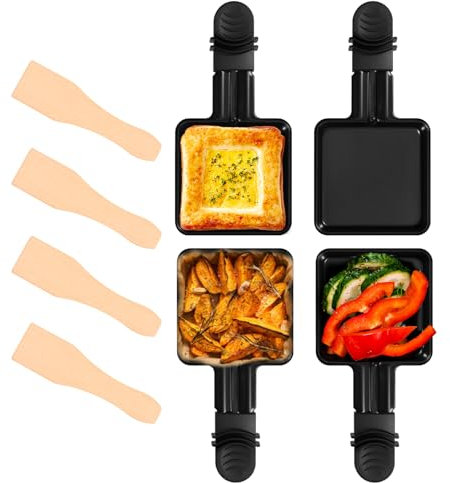 harupink Lot de 4 mini poêlons à raclette avec revêtement antiadhésif - Poignée antidérapante et anti-brûlure - Pour barbecue électrique universel - Pour fromage, œufs (pelle en bois)