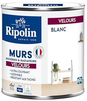 RIPOLIN - Peinture Intérieure Multi-Supports – Murs, Boiseries & Radiateurs – Ultra couvrante - Monocouche - Confort d'application - Aspect Velours - Blanc - 0,5L