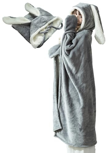 Coperta creativa con cappuccio a forma di coniglio, mantello in caldo pile, morbido e accogliente, comodo copriorecchie di animale, comodo per compleanno, sicuro da indossare per donne, bambini