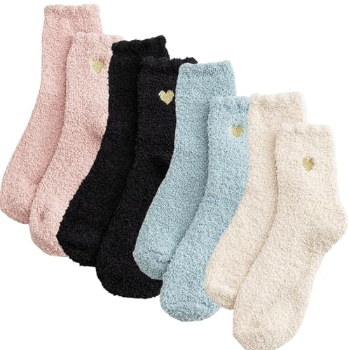 4 Pairs Fluffy Socks Womens, Bed Socks for Women Soft Coral Fleece Fuzzy Sock with Heart Design Wool Warm Knitting Ladies Sock Cozy Multicolor for Home Office School Hiking