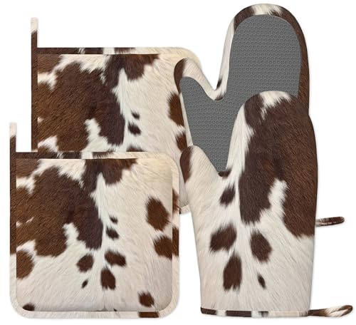 Oven Mitts and Pot Holders Sets of 4, Brown Cowhide Print Silicone Oven Gloves Heat Resistant, Non-Slip BBQ Gloves for Kitchen Cooking Baking Grilling Microwave
