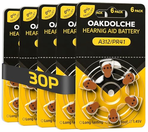 OAKDOLCHE Hearing Aid Batteries Size 312, Mercury-Free Zinc Air Batteries, 1.4V Long Lasting Power, Easy to Open & Use, 30 Count