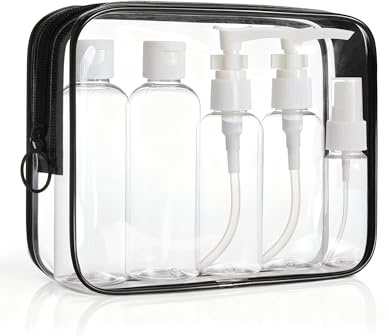 BAGSMART 7pcs Clear Toiletry Bag with Travel Bottles Set, TSA Approved | Quart Size, Waterproof, Refillable Bottles, Airport Airline, Carry on Accessories, Black