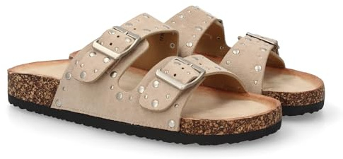 103523 Sandalia de mujer estilo bio con suela comoda, ligera y flexible. Diseno de doble tira ajustable con hebillas metalicas, adorno de tachuelas. Ideal uso diario temporada verano. Kaki Talla 39