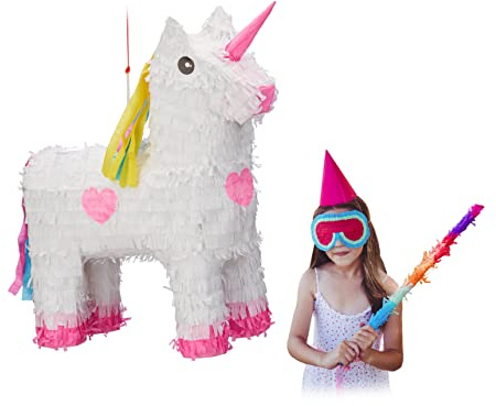 Relaxdays Pinata Einhorn, zum Aufhängen, Kinder, Mädchen, Geburtstag, zum Befüllen, HxBxT: 47 x 43 x 13 cm, weiß-rosa