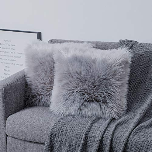 OYIMUA Soft Faux Fur Cushion Covers 40x40cm Grey Set of 2 | Fluffy Pillow Covers 16x16 for Living Rooms Bedrooms Offices,Sofa Bed Cushions,Decorative Pillows for Bed,Room Decor