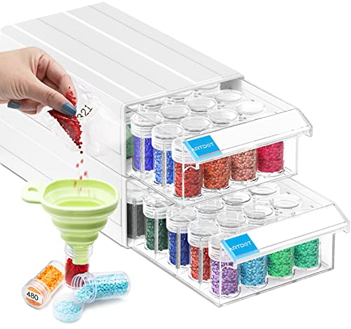 ARTDOT 2 Set Diamond Painting Aufbewahrungsbox, Stapelbare 64 Stück 5D Diamant Painting Zubehör mit Trichter Stickers