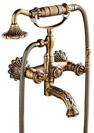 HomeLava Wannenarmatur Antik Messing Zwei Griffe Badewanne Armatur Inkl Brausehalter Und 1,5M Duschschlauch Retro-Stil Mit Umsteller & Keramikkartusche Aufputz Badewanne Wasserhahn - Dusche Set
