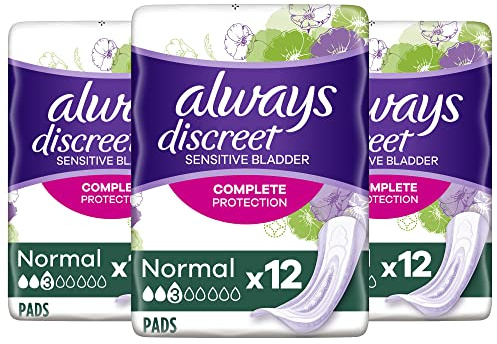 Always Discreet Lot de 3 packs de 12 serviettes hygiéniques pour incontinence pour femme - Normal pour vessie sensible - Protection complète - 36 serviettes
