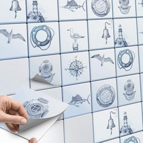 10 Stück Fliesenaufkleber, Fliesenfolie 15x15 cm für Küche und Bad - Klebefliesen, Mosaikfliesen selbstklebend - SET // Design: Maritim