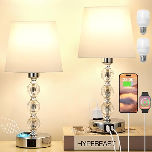 Kakanuo Nachttischlampe Touch Dimmbar 2er Set, Kristall Tischlampe mit USB-A+C-Anschlüssen Steckdose LED Birnen, Moderne Lampe mit Weißer Stoff Lampenschirm für Wohnzimmer Schlafzimmer Büro Hotel