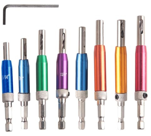 Oiieco Set di 8 punte autocentranti per trapano, con chiave a brugola, codolo esagonale da 1/4, set guida per trapano a sgancio rapido, per lavorazione del legno, foratura di armadi e finestre
