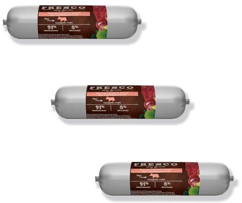 FRESCO Barf Wurst Complete Menü Rind mit Karotten, Birnen & Grünlippmuscheln | 3er Pack | 3 x 400 g | Alleinfutter für Hunde | Hoher Proteingehalt | Ohne Zusatzstoffe