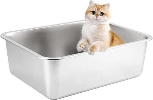 Cat Litter Tray XXL 50 * 35 * 15CM(19.5 L x 13.5 W x 6 H) Litter Tray Cat Litter Box, Rustproof, Never Absorbs Odors, Stainless Steel Litter Tray for Cats Rabbits