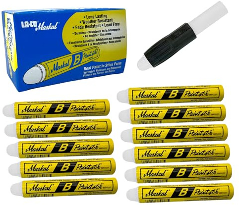 Genuine Markal 12-Pack Paintstik B Paint Markers - Permanent, Waterproof, UV Resistant for Metal, Wood, Tires - Made in USA - For Oily, Icy, Wet, Dry & Cold Surfaces w/Bonus Magnetic Grip (White)