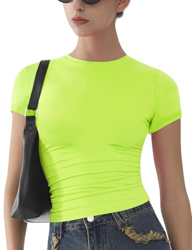 Womens Basic Short Sleeve Slim Fit T Shirts Soft Crewneck Crop Y2k Tees Summer Stretchy Cute Tops Neon Green L