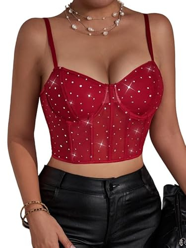 Sukiglam Korsett Dam Glittrande Bodysuit Spets Toppar Elegant Sommar Linne Med Justerbara Tunna Axelremmar Sexig Slim Fit Bustier Ärmlös Mesh Kort Mesh Crop Toppar Klubbar