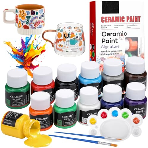 Hcunbsu Porzellanfarbe Set, 12 x 25 ml Porzellanfarbe Spülmaschinenfest, Keramikfarbe with 2 Pinselstift & 1 Palette, Keramik Bemalen Set für Künstler, Anfänger, Ideal zum Tassen, Keramik, Glas