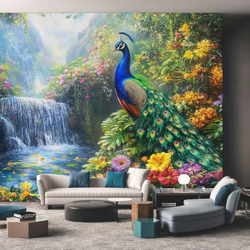 Peacock Wallpaper for Living Room, Colorful Bird Waterfall Wall Mural for Bedroom, Non-Woven Photo Wallpaper Home Decor 150X105cm, Wall Decoration D2
