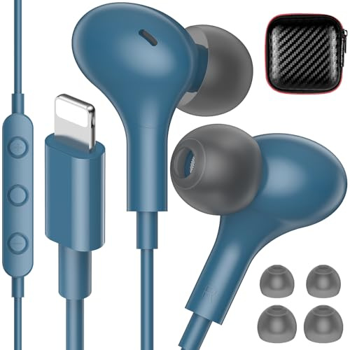 iMangoo for MFi-Certified Lightning Wired Earbuds for Apple, Magnetic in Ear Buds Headphones with HiFi Bass,3 Ear Tips Mic Corded Earphones for Gym, Commuting for iPhone 14 Plus 13 12 11 Pro Lake Blue